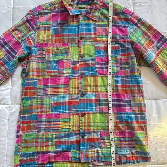 Polo Ralph Lauren Classic Fit Patchwork Madras Camp Shirt 100% Cotton Medium - Picture 10 of 14